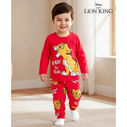 Babyhug Disney Single Jersey Knit Full Sleeves Night Suit With Lion King Graphics - Red