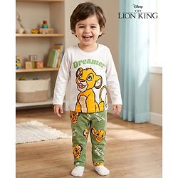 Babyhug Disney Single Jersey Knit Full Sleeves Night Suit With Lion King Graphics - White & Olive Green