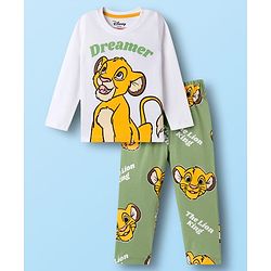 Babyhug Disney Single Jersey Knit Full Sleeves Night Suit With Lion King Graphics - White & Olive Green
