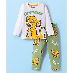 Babyhug Disney Single Jersey Knit Full Sleeves Night Suit With Lion King Graphics - White & Olive Green