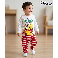 Babyhug Disney Single Jersey Knit Full Sleeves Night Suit With Winnie The Pooh Graphics - White & Red