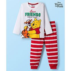 Babyhug Disney Single Jersey Knit Full Sleeves Night Suit With Winnie The Pooh Graphics - White & Red