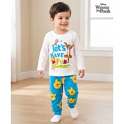 Babyhug Disney Single Jersey Knit Full Sleeves Night Suit With Winnie The Pooh Graphics - White & Light Blue