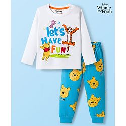 Babyhug Disney Single Jersey Knit Full Sleeves Night Suit With Winnie The Pooh Graphics - White & Light Blue