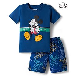 Babyhug Disney Single Jersey Knit Half Sleeves Shorts Night Suit With Mickey Mouse Graphics - Navy Blue