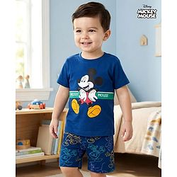 Babyhug Disney Single Jersey Knit Half Sleeves Shorts Night Suit With Mickey Mouse Graphics - Navy Blue