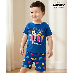 Babyhug Disney Single Jersey Knit Half Sleeves Shorts Night Suit With Mickey & Friends Graphics - Navy Blue