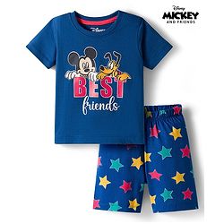 Babyhug Disney Single Jersey Knit Half Sleeves Shorts Night Suit With Mickey & Friends Graphics - Navy Blue