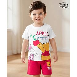 Babyhug Disney Single Jersey Knit Half Sleeves Short Night Suit With Winnie & Friends Graphics - White & Red