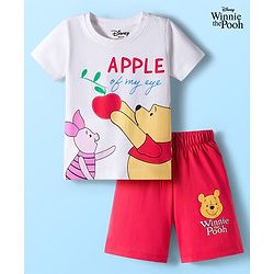 Babyhug Disney Single Jersey Knit Half Sleeves Short Night Suit With Winnie & Friends Graphics - White & Red