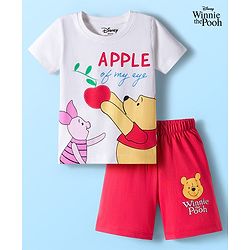 Babyhug Disney Single Jersey Knit Half Sleeves Short Night Suit With Winnie & Friends Graphics - White & Red