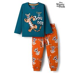 Babyhug Disney Single Jersey Knit Full Sleeves Night Suit With Animal Print - Navy Blue & Rust Orange