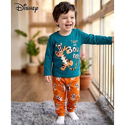 Babyhug Disney Single Jersey Knit Full Sleeves Night Suit With Animal Print - Navy Blue & Rust Orange