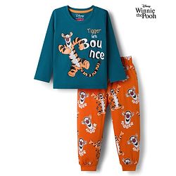 Babyhug Disney Single Jersey Knit Full Sleeves Night Suit With Animal Print - Navy Blue & Rust Orange