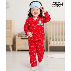 Babyhug Disney Single Jersey Knit Full Sleeves Co-ords Night Suit with Minnie Mouse Graphic - Red
