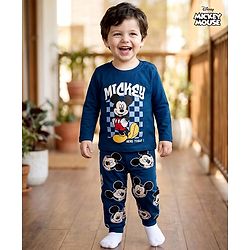 Babyhug Disney Single Jersey Knit Full Sleeves Night Suite with Mickey Mouse Graphic - Navy Blue