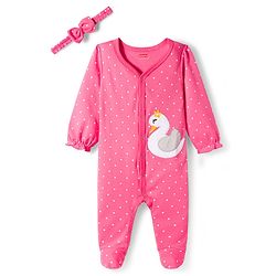 Babyhug Cotton Knit Full Sleeves Footed Polka Dot Printed Sleepsuit With Bird Patch & Hair Band - Pink