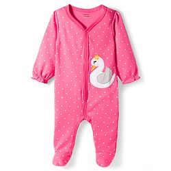 Babyhug Cotton Knit Full Sleeves Footed Polka Dot Printed Sleepsuit With Bird Patch & Hair Band - Pink