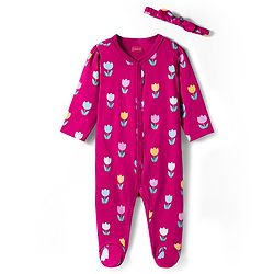Babyhug Cotton Knti Full Sleeves Footed Sleepsuit With Floral Print & Headband - Pink