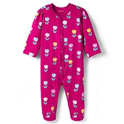 Babyhug Cotton Knti Full Sleeves Footed Sleepsuit With Floral Print & Headband - Pink