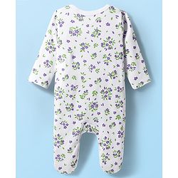Babyhug Cotton Knit Full Sleeves Front Open Sleep Suit with Floral Print - White