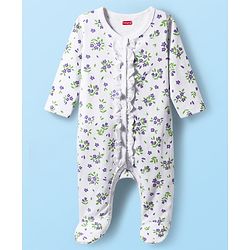 Babyhug Cotton Knit Full Sleeves Front Open Sleep Suit with Floral Print - White