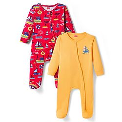 Babyhug Cotton Knit Full Sleeves Front Open Sleep Suits with Nautical Theme Print Pack of 2 - Red & Mustard