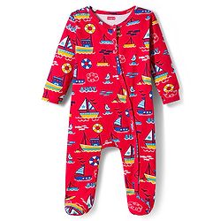 Babyhug Cotton Knit Full Sleeves Front Open Sleep Suits with Nautical Theme Print Pack of 2 - Red & Mustard