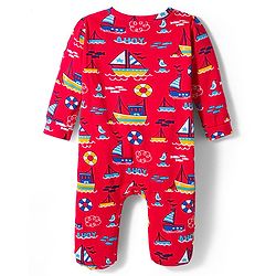 Babyhug Cotton Knit Full Sleeves Front Open Sleep Suits with Nautical Theme Print Pack of 2 - Red & Mustard