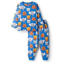Babyhug Cotton Knit Full Sleeves Co-Ord Night Suit with Animal Print - Blue