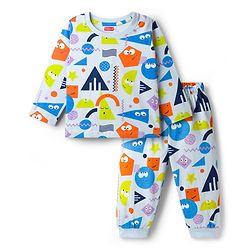 Babyhug Cotton Knit Full Sleeves Co-ord Night Suit With Shapes Print - Blue & White