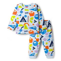 Babyhug Cotton Knit Full Sleeves Co-ord Night Suit With Shapes Print - Blue & White