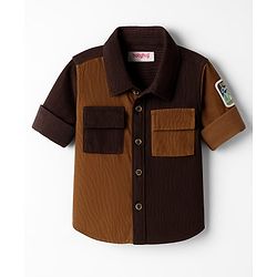 Babyhug Cotton Woven Full Sleeves Cut & Sew Design Solid Corduroy Shirt With Text Patch - Brown