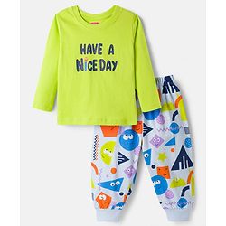 Babyhug Cotton Knit Full Sleeves Night Suit With Text Print - Green