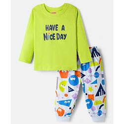 Babyhug Cotton Knit Full Sleeves Night Suit With Text Print - Green