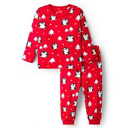 Babyhug Cotton Knit Full Sleeves Co-Ord Night Suit with Penguin Print - Red