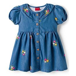 Babyhug Denim Woven Half Puffed Sleeves Frock with Floral Embroidery - Blue