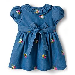 Babyhug Denim Woven Half Puffed Sleeves Frock with Floral Embroidery - Blue