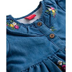 Babyhug Denim Woven Half Puffed Sleeves Frock with Floral Embroidery - Blue