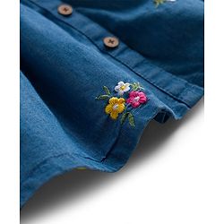 Babyhug Denim Woven Half Puffed Sleeves Frock with Floral Embroidery - Blue