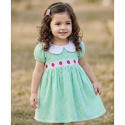 Babyhug Cotton Woven Half Sleeves Peter Pan Collar Frock with Strawberry Embroidery - Sea Green