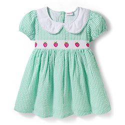 Babyhug Cotton Woven Half Sleeves Peter Pan Collar Frock with Strawberry Embroidery - Sea Green
