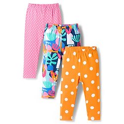 Babyhug Cotton Lycra Knit Full Length Plant & Polka Dot Printed Leggings Pack of 3 - Orange Pink & Navy Blue