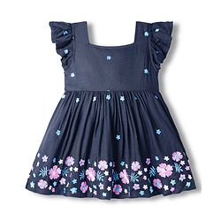 Babyhug Cotton Woven Frill Sleeves Frock With Floral Embroidery - Navy Blue