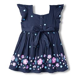 Babyhug Cotton Woven Frill Sleeves Frock With Floral Embroidery - Navy Blue