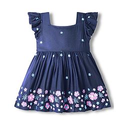 Babyhug Cotton Woven Frill Sleeves Frock With Floral Embroidery - Navy Blue