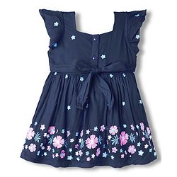 Babyhug Cotton Woven Frill Sleeves Frock With Floral Embroidery - Navy Blue