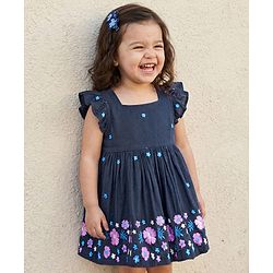Babyhug Cotton Woven Frill Sleeves Frock With Floral Embroidery - Navy Blue