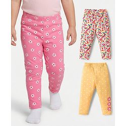 Babyhug Cotton Lycra Knit Full Length Leggings With Floral & Polka Dot Print Pack of 3 - Multicolor