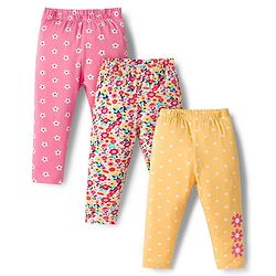 Babyhug Cotton Lycra Knit Full Length Leggings With Floral & Polka Dot Print Pack of 3 - Multicolor